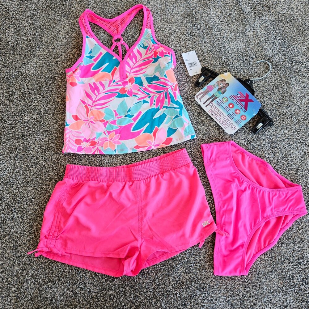 Girls Large (14), 3pc Bathing Suit Set. by Zero Exposure NWT. Hot Pink
